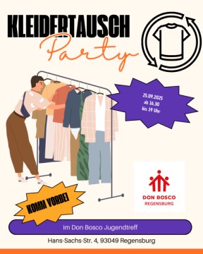 Kleidertauschparty am 25.09.2025 von 16:30 Uhr bis 19 Uhr im Don Bosco Jugendtreff Regensburg
