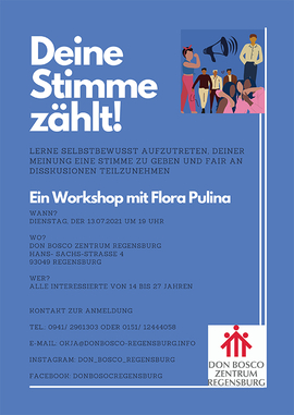Plakat zum Rhetorikworkshop am 13.7. 2021 im Don Bosco Zentrum Regensburg