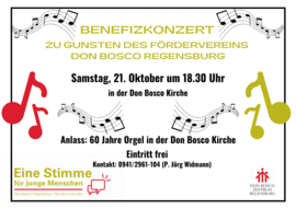 Am Samstag 21.10.2023 findet um 18:30 Uhr ein Benefizkonzert in der Kirche des Don Bosco Zentrums Regensburg statt